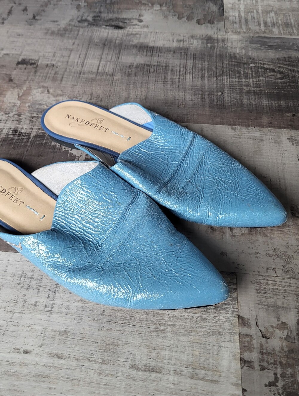 Naked Feet Leather Mule Flats Womens 8 Blue Pointed Toe Slip On Loafers
